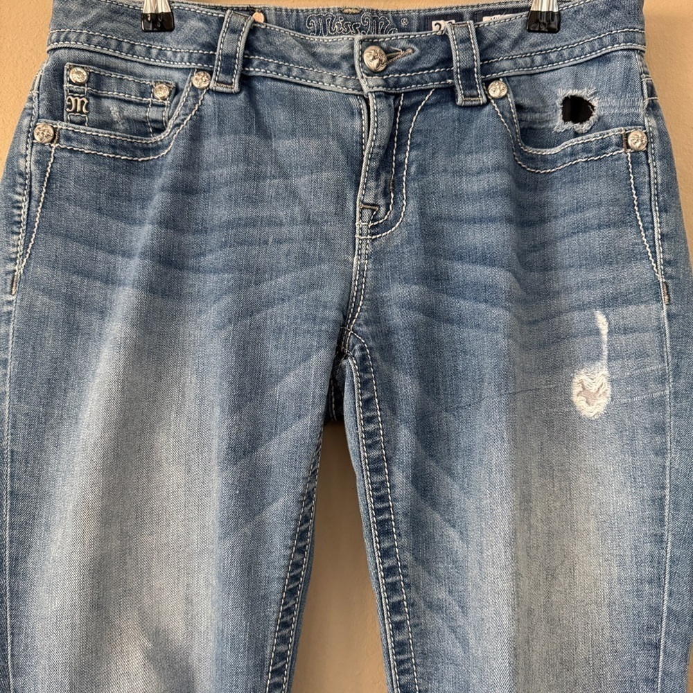 Miss Me Fleur De Lis Mid Rise Boot Cut Blue Jeans Size 29 - Picture 6 of 9